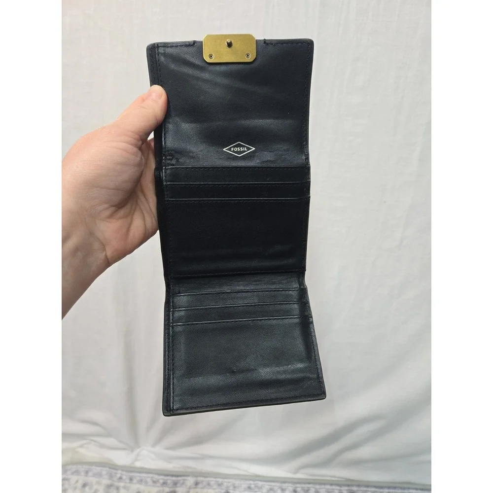 Vintage Fossil Genuine Pebbled Leather Black Bifold Wallet Zippered Coin Pouch